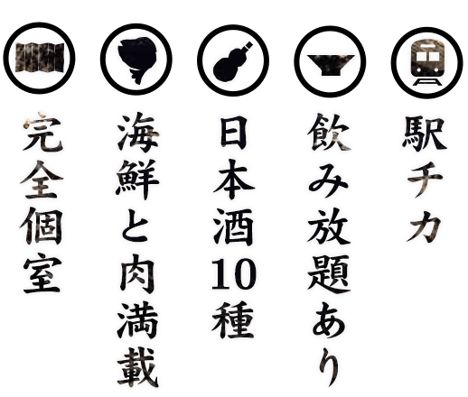 駅チカ 飲み放題あり 日本酒10種 海鮮と肉満載 完全個室